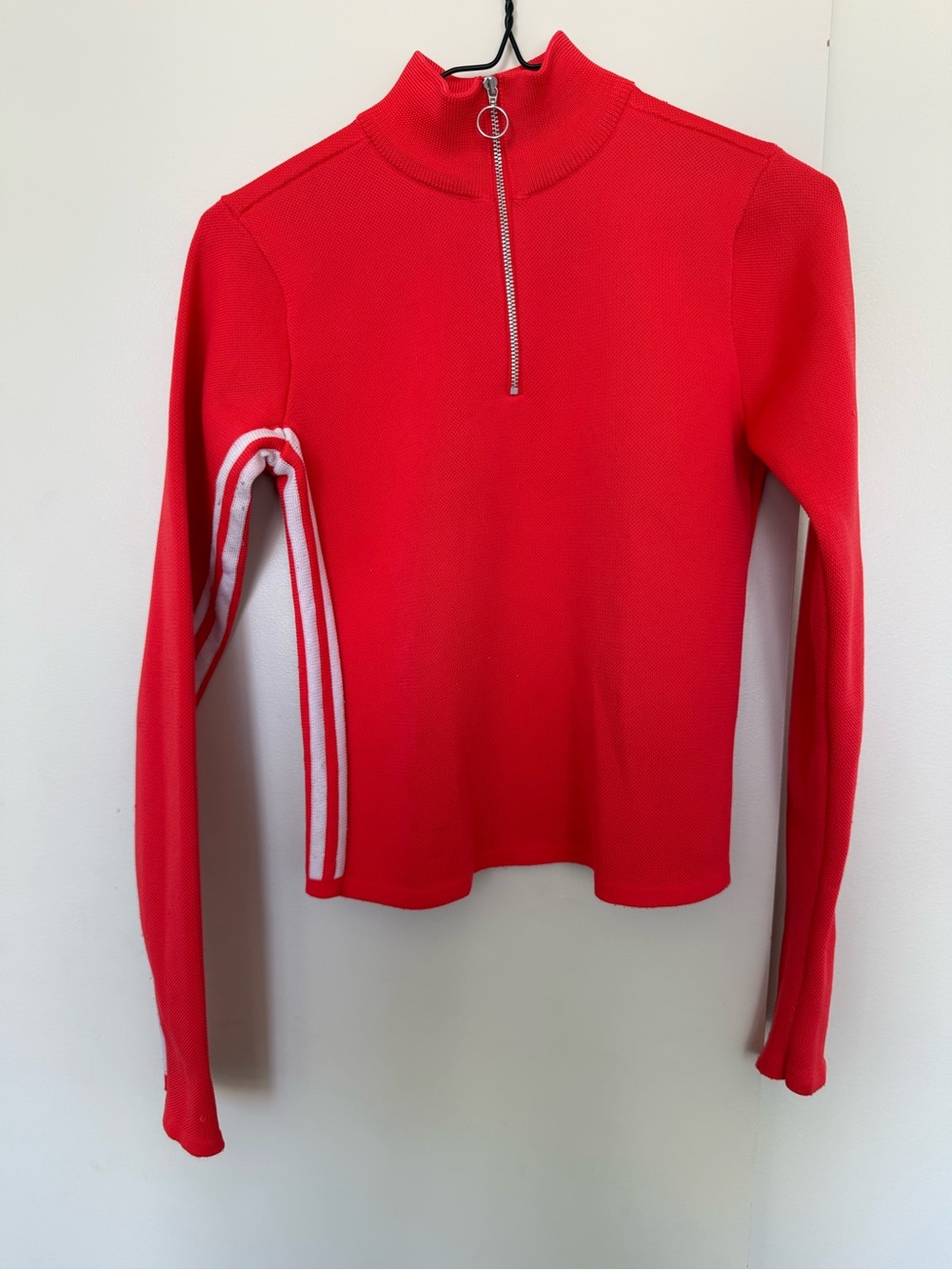 adidas Red Half-Zip Ribbed Top with White Stripe Detail
